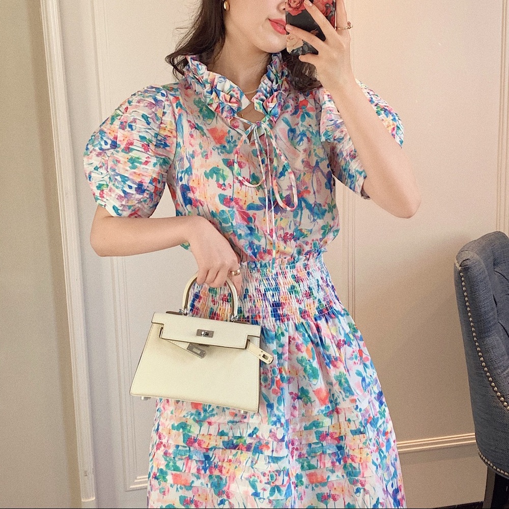 【Brand New】Floral print Puffy Sleeve Outfit